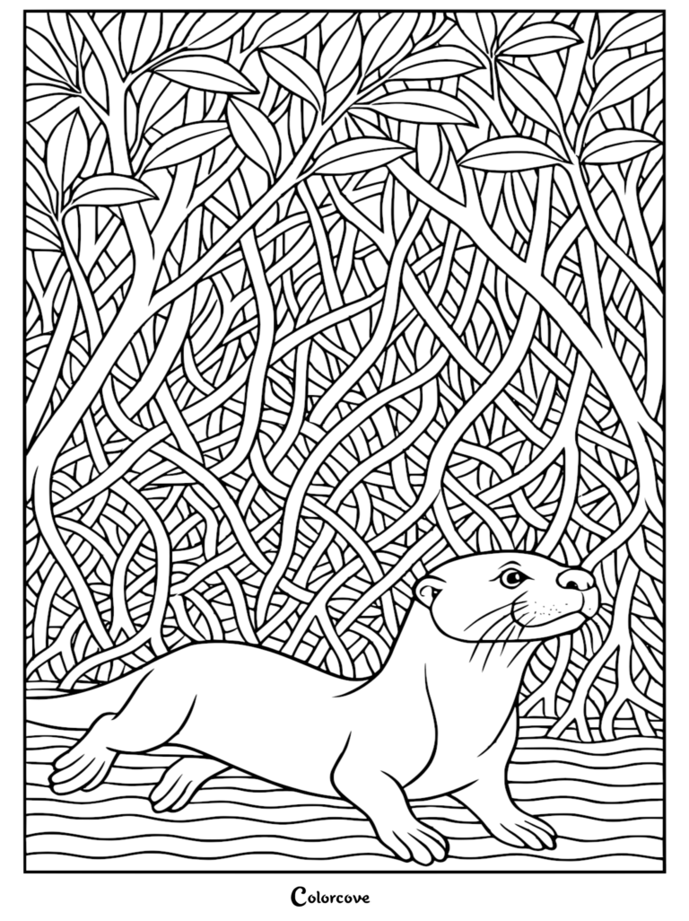 A detailed coloring page featuring a sleek otter standing in shallow water in front of a dense, intricate network of tangled mangrove roots and lush rainforest canopy.