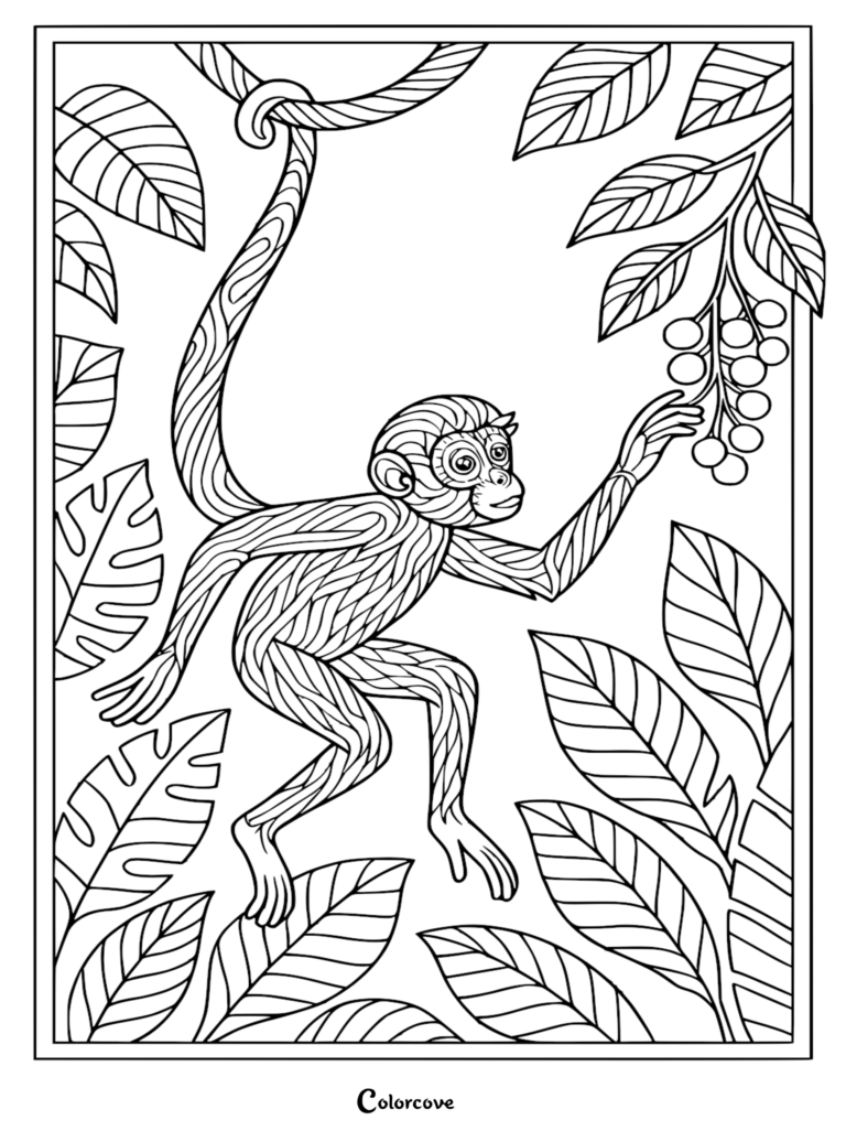 A detailed monkey hanging by its tail from a vine while reaching for berries in this rainforest coloring page.
