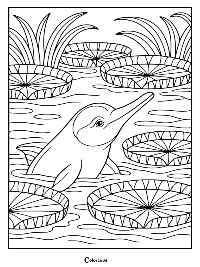 Amazon river dolphin swimming among large circular lily pads in a rainforest river coloring page