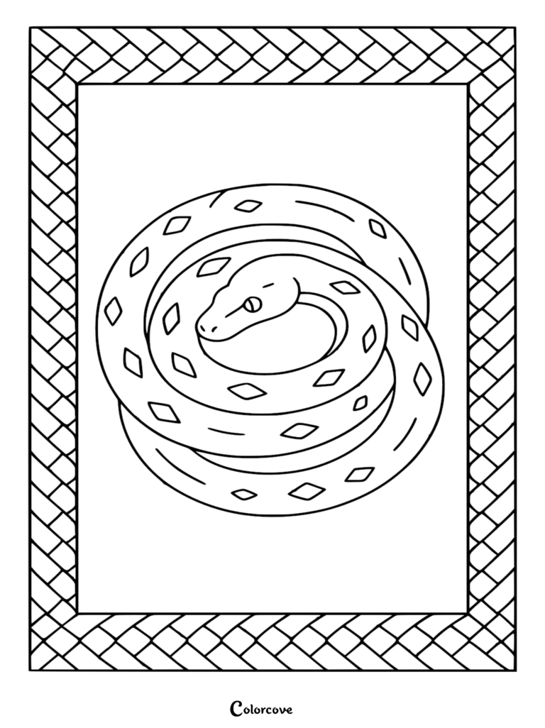 A detailed coloring page featuring a diamond-patterned snake coiled in a circle inside a woven border.