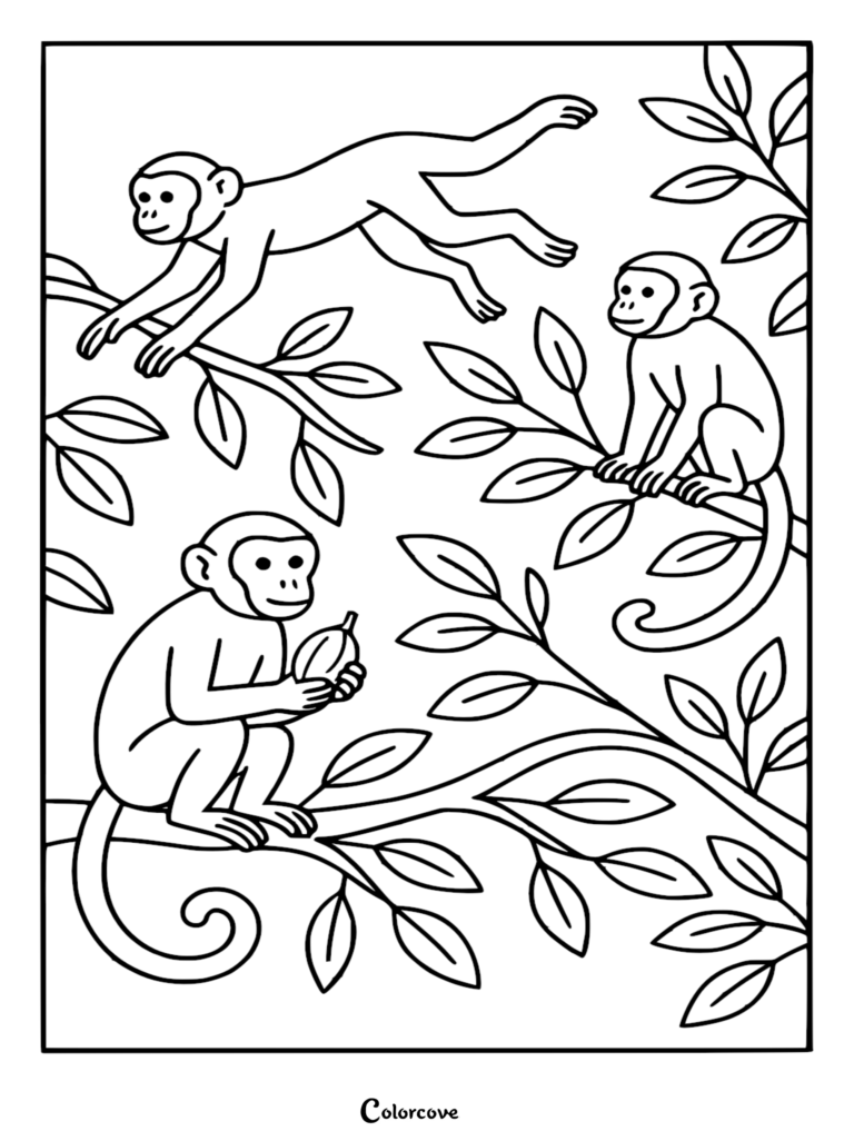 Three monkeys playing and eating in tree branches, rainforest coloring page with simple line art.