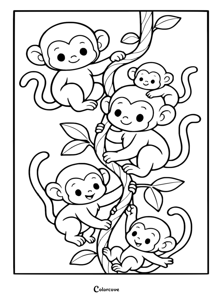 A printable coloring page featuring four cute monkeys climbing and playing on a thick rainforest vine.