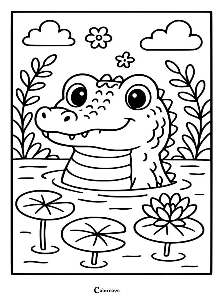 A cute cartoon crocodile peeking out of a rainforest pond with lily pads and flowers in this printable coloring page.