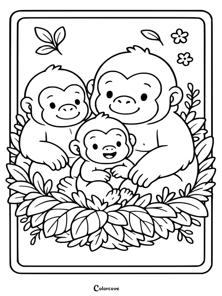 A cute coloring page featuring a mother monkey and two baby monkeys sitting together in a lush rainforest foliage nest.