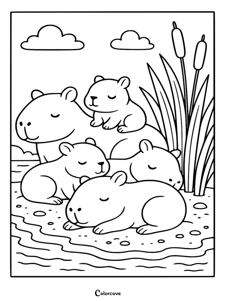 A printable coloring page featuring a family of four capybaras sleeping peacefully on a riverbank next to tall cattails and clouds.