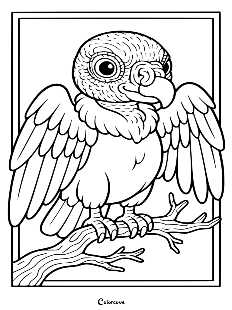 A cute baby vulture with large eyes and fluffy feathers perched on a tree branch, line art coloring page.