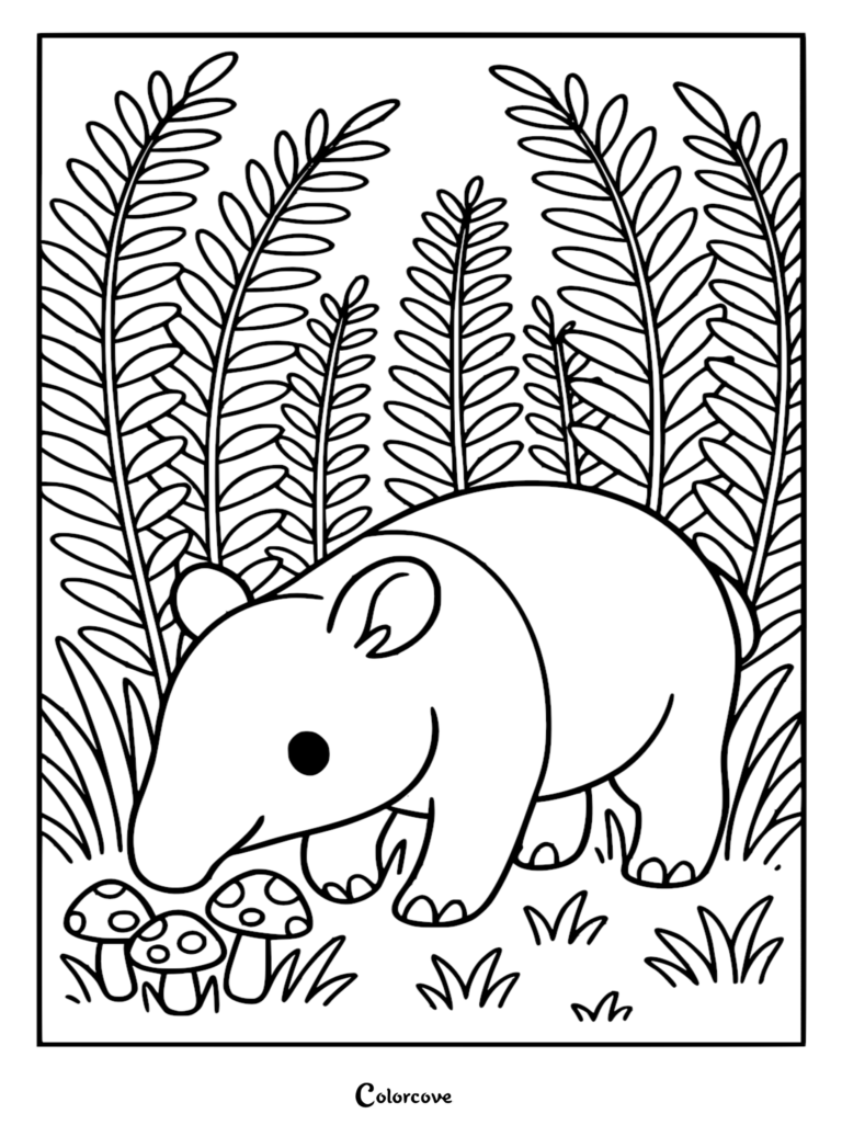 A cute baby tapir sniffing small mushrooms in a lush rainforest coloring page with tall fern leaves in the background.