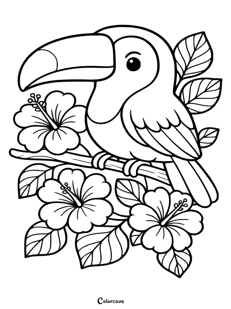 A cute toucan perched on a branch surrounded by large hibiscus flowers and tropical leaves in this printable coloring page.