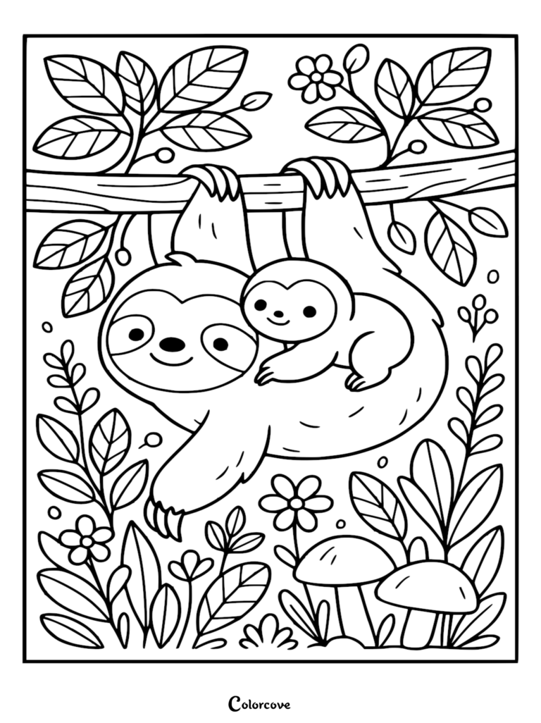 A cute mother sloth carrying her baby on a tree branch in a rainforest setting, black and white line art coloring page.