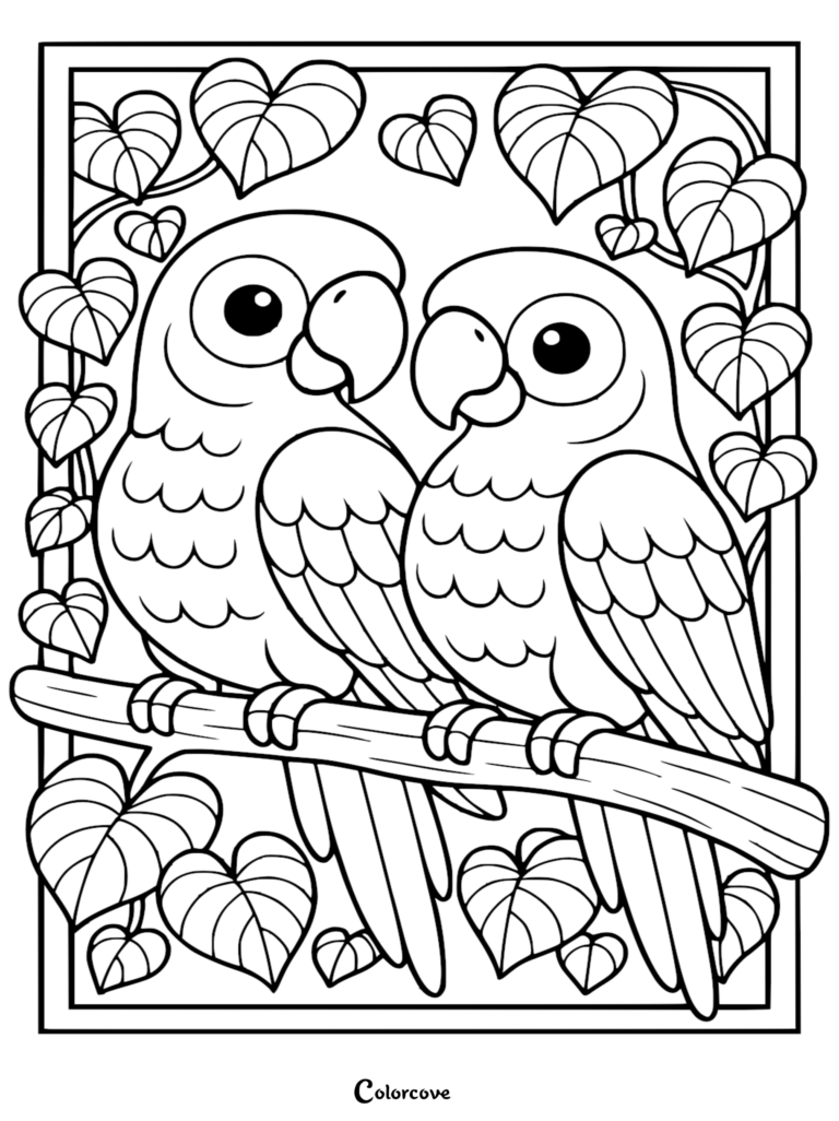 Two cute parrots perched on a branch surrounded by heart-shaped leaves in this rainforest coloring page.