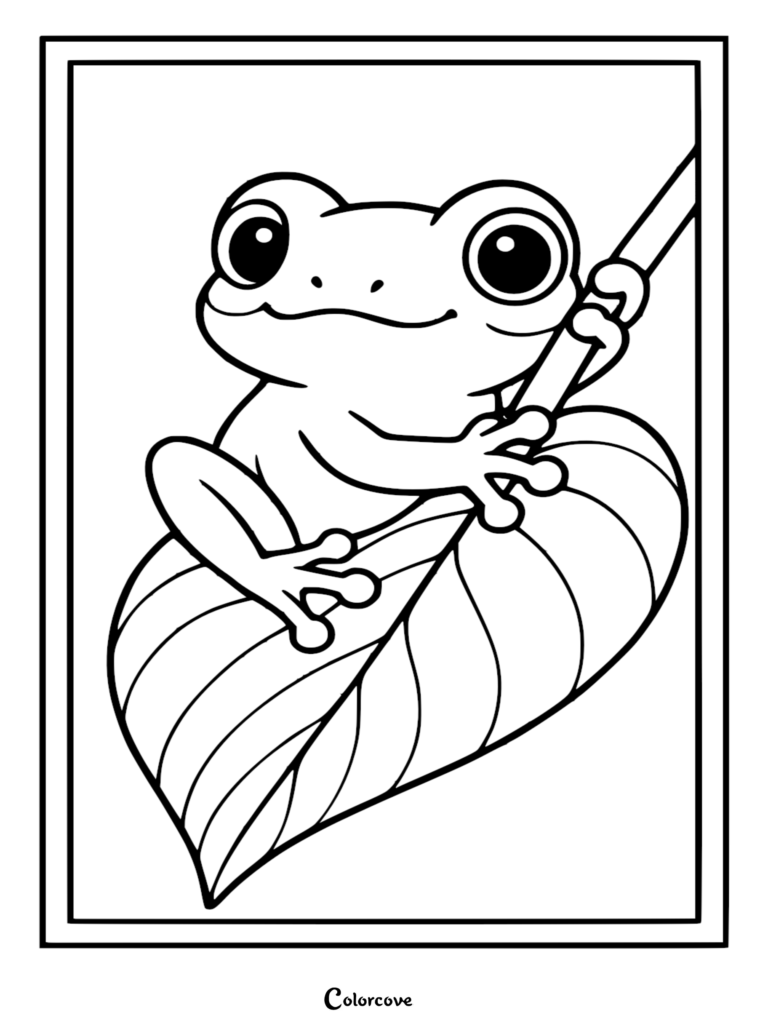 A cute tree frog with large eyes clinging to a tropical leaf in this rainforest coloring page.