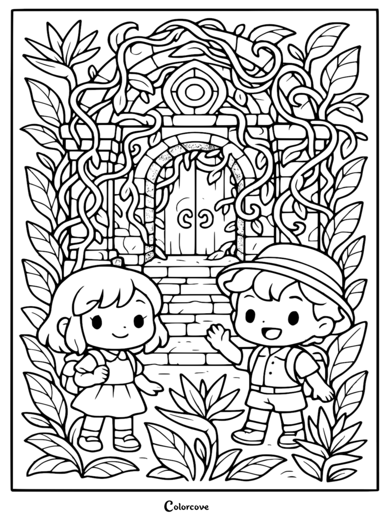 A boy and girl explorer standing before an ancient stone temple entrance overgrown with vines in this rainforest coloring page.