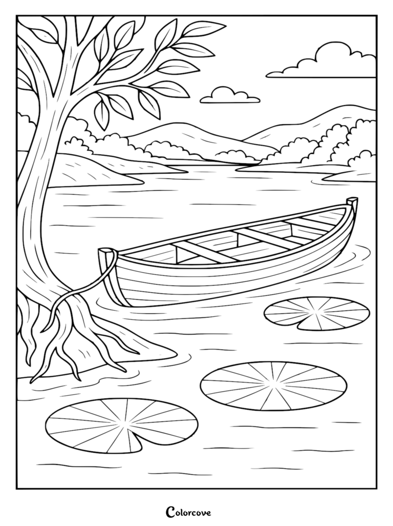 A wooden rowboat tied to a tree on a calm rainforest river with lily pads, mountains, and clouds in this printable coloring page.