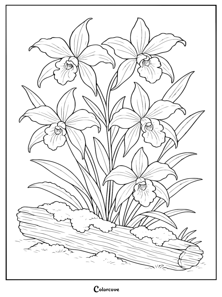 A detailed coloring page featuring five blooming Cattleya orchids growing from a mossy fallen log in the rainforest.