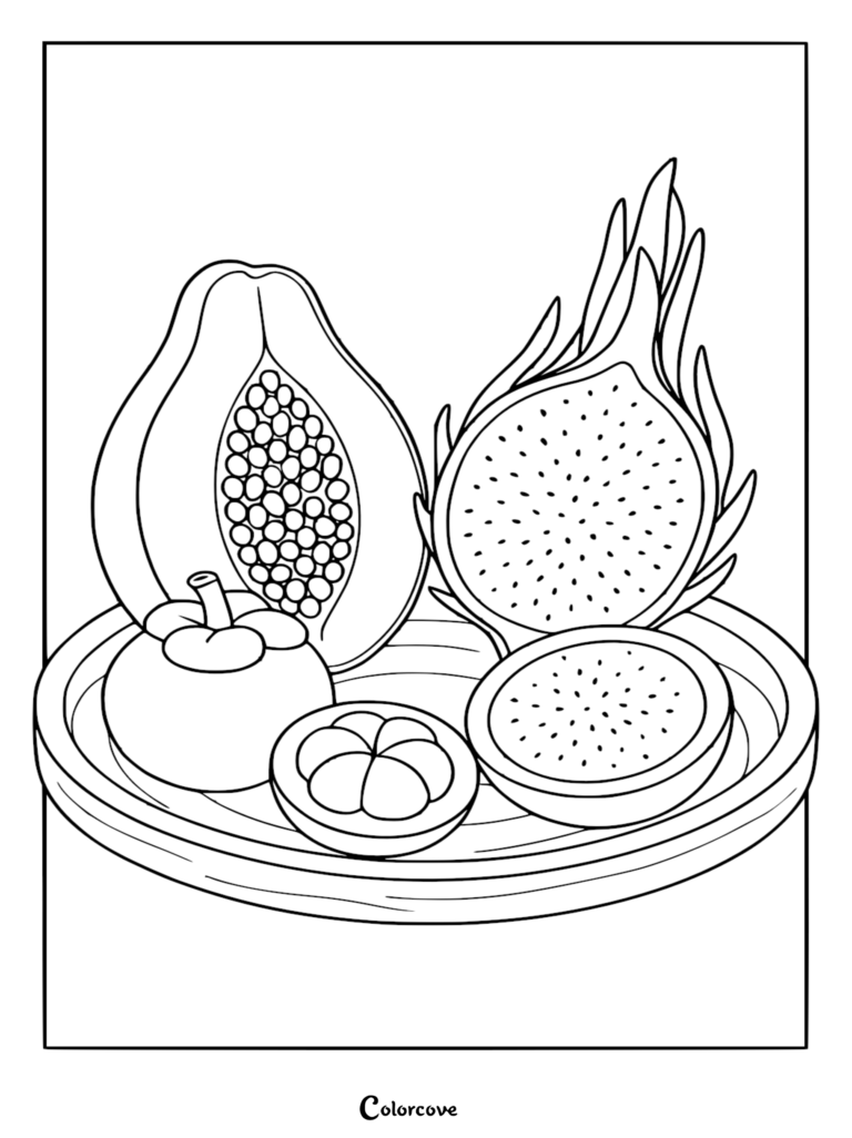 A printable coloring page featuring a platter of sliced papaya, dragon fruit, and mangosteen.