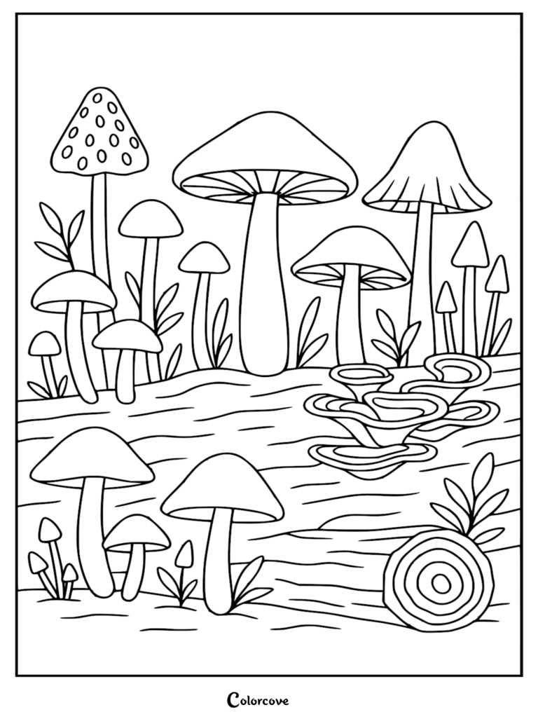 A detailed rainforest mushroom coloring page featuring various fungi species, shelf mushrooms on a log, and small sprouts in a woodland setting.