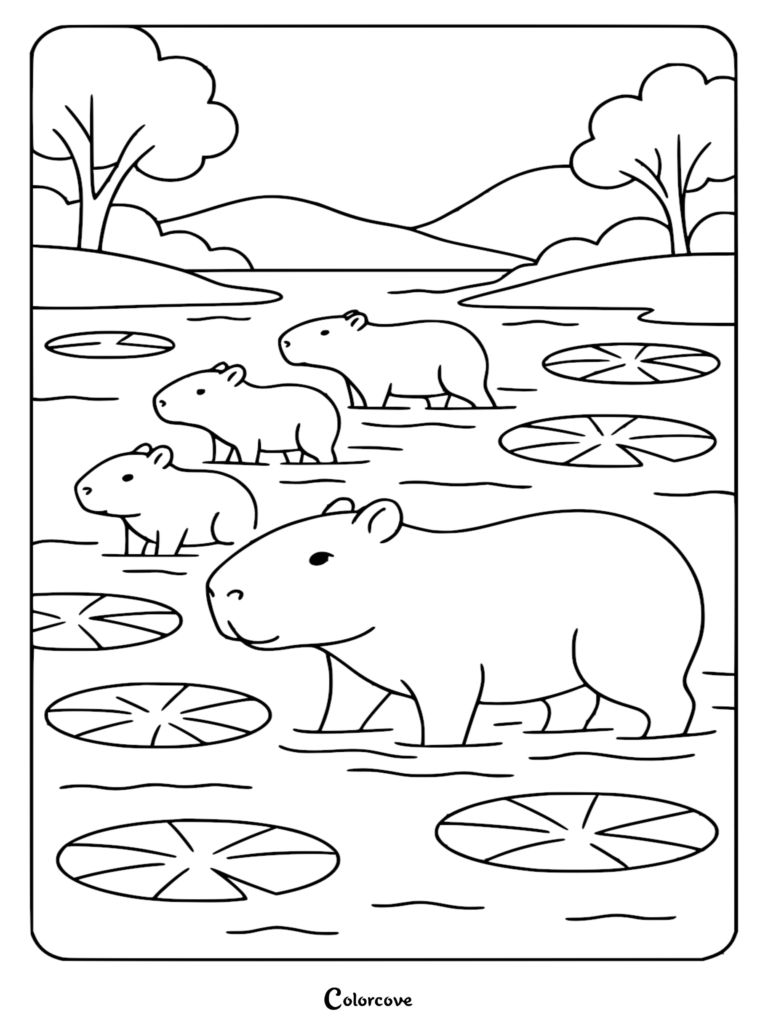 A family of four capybaras wading through a river surrounded by lily pads in a rainforest coloring page.