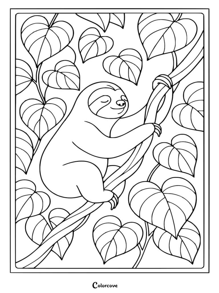 A cute sloth with closed eyes smiling while hanging from a thick vine, surrounded by large heart-shaped tropical leaves in this rainforest coloring page.