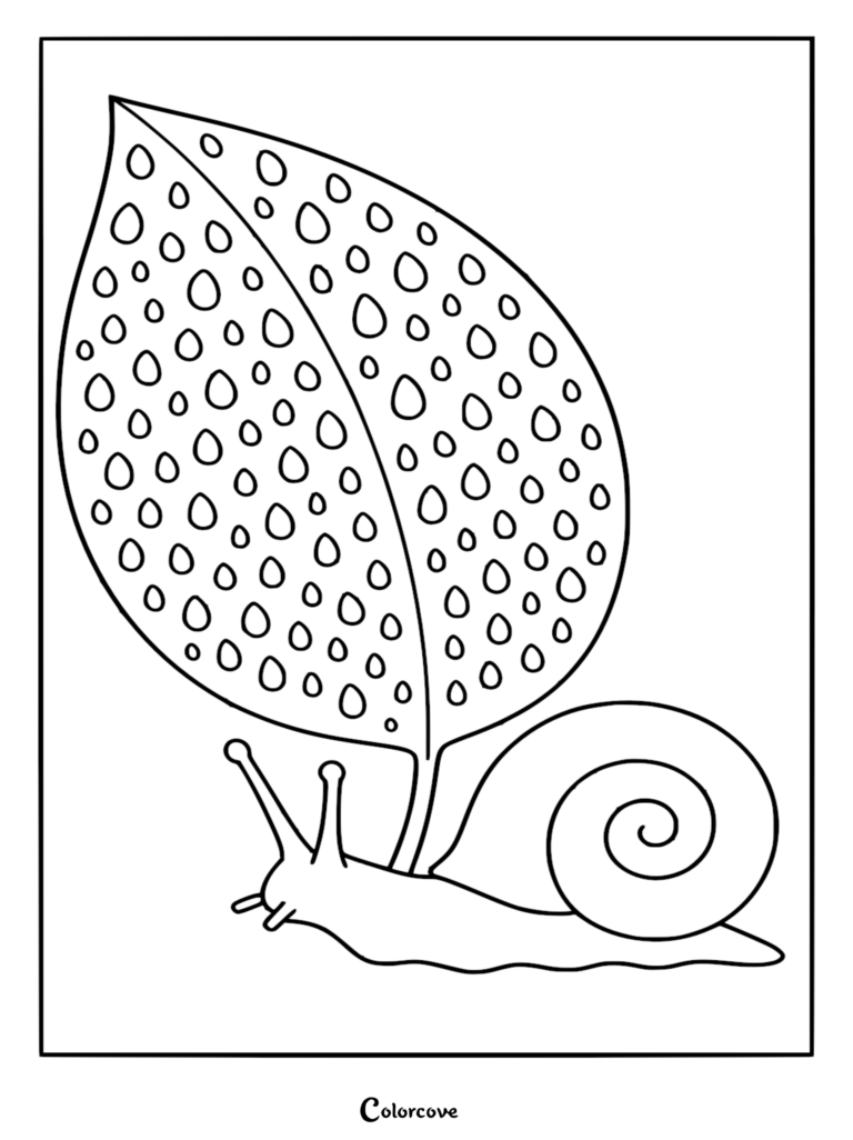 A simple line art coloring page featuring a snail crawling while carrying a large, spotted rainforest leaf on its back.