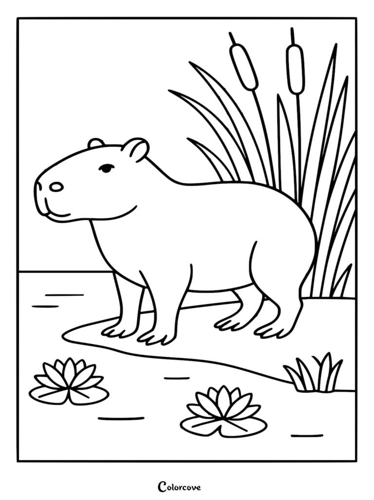 A simple line art coloring page featuring a capybara standing on a riverbank next to tall cattails and floating water lilies.