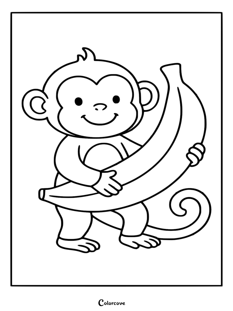 A simple coloring page featuring a smiling cartoon monkey holding a large banana with a curled tail.