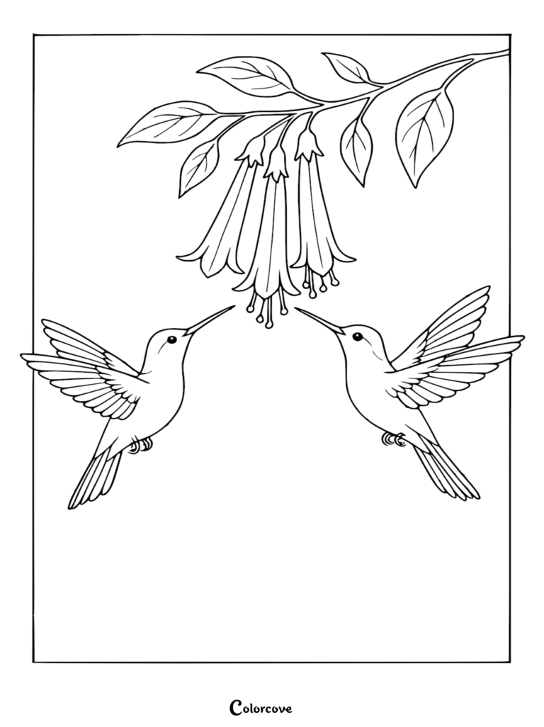 Two hummingbirds hovering in mid-air toward a cluster of hanging bell-shaped tropical flowers in this rainforest coloring page.