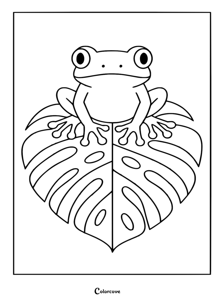 A simple coloring page featuring a small tree frog with large eyes sitting on a large, split-leaf monstera plant leaf.