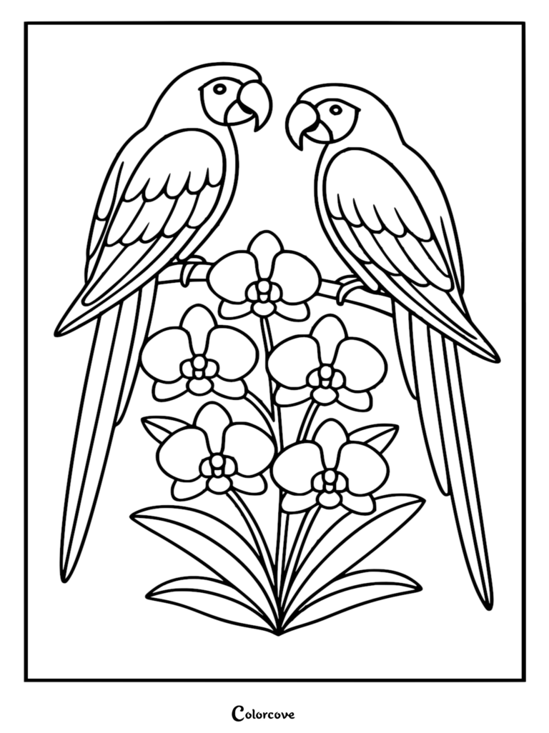 Two macaws perched on a branch above a cluster of blooming orchids in this rainforest coloring page.