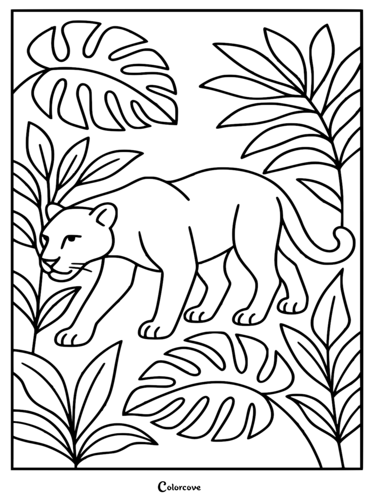 A black panther walking through dense tropical foliage in this printable rainforest coloring page.