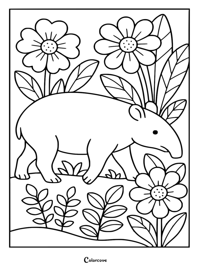 A simple line art coloring page featuring a cute tapir walking through a lush rainforest garden with large tropical flowers and leafy plants.