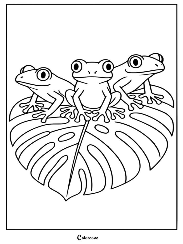 Three small tree frogs sitting together on a large, split-leaf monstera plant, line art coloring page.
