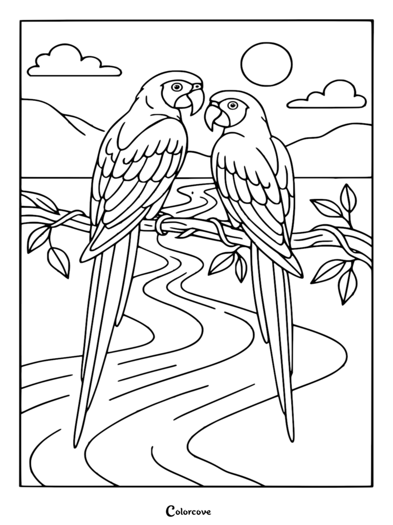 A printable coloring page featuring two macaws perched on a branch overlooking a winding river in a tropical rainforest setting.