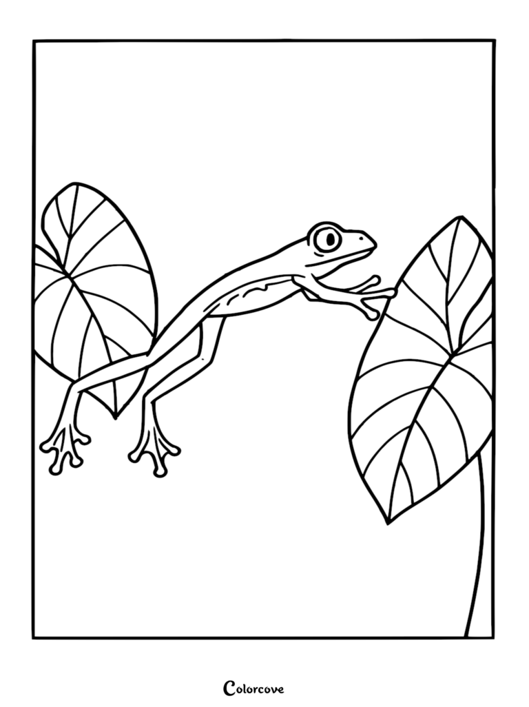 A slender tree frog leaping between two large tropical leaves in a rainforest coloring page.