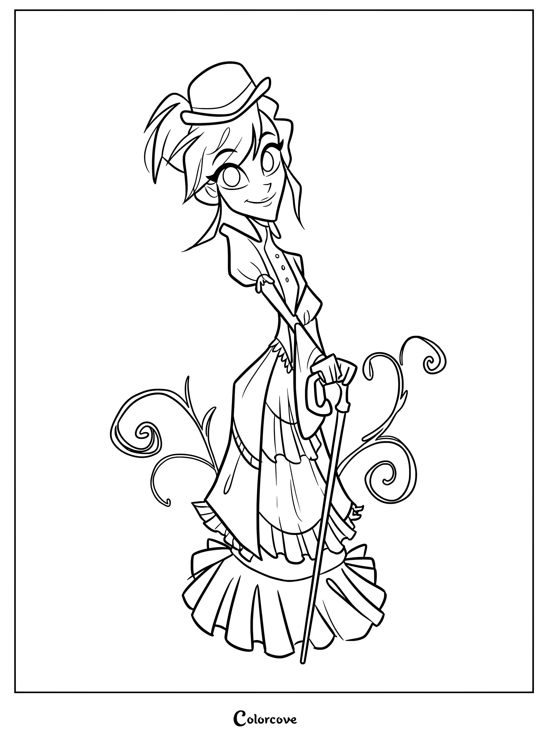Detailed coloring page of Avrille wearing a Victorian-style dress and hat while holding a cane.
