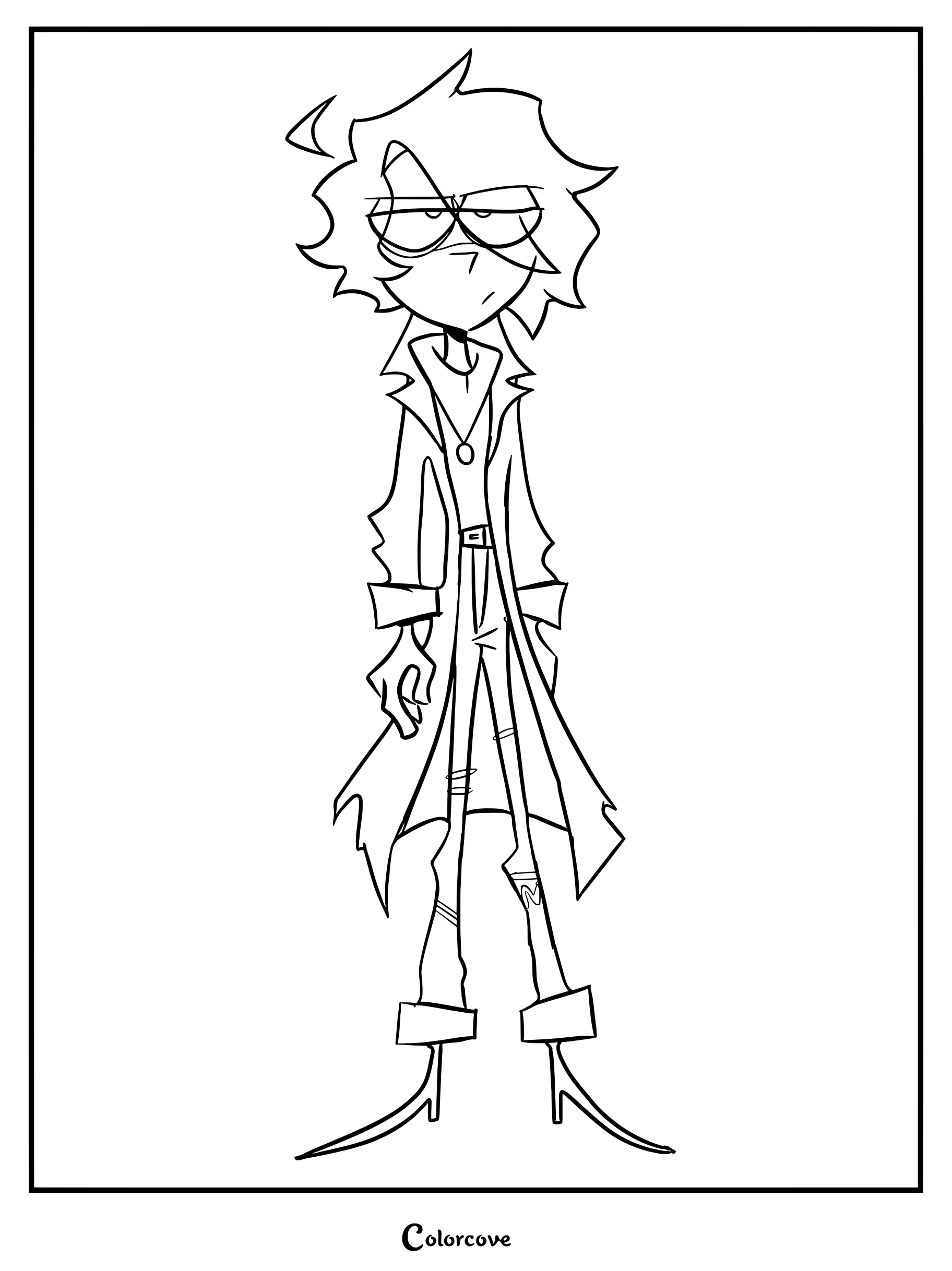 Simple coloring page of Stone from Ramshackle standing in a long coat and glasses.
