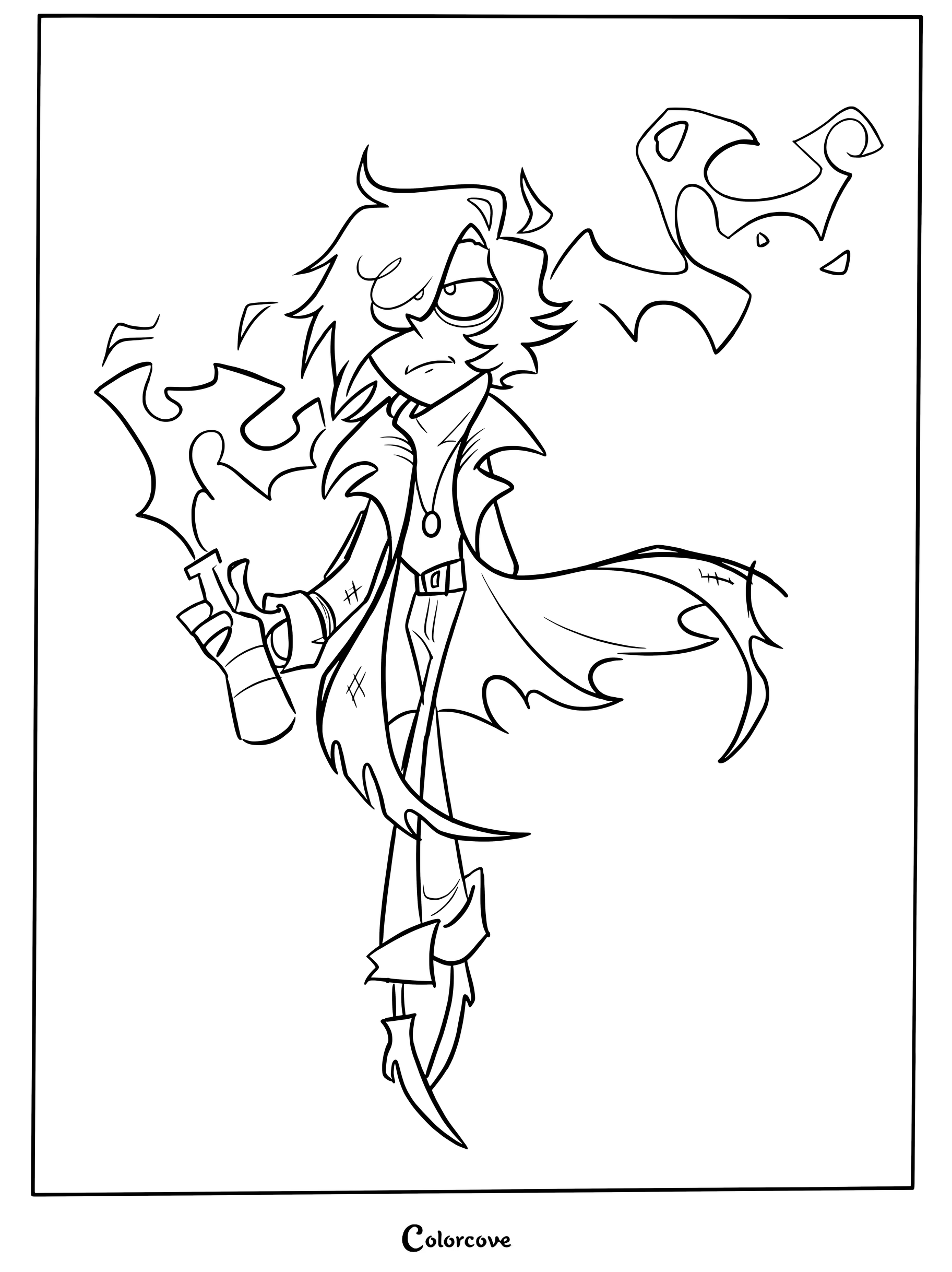 Detailed coloring page of Stone from Ramshackle holding a bottle with magical smoke rising, in a stylized art style.