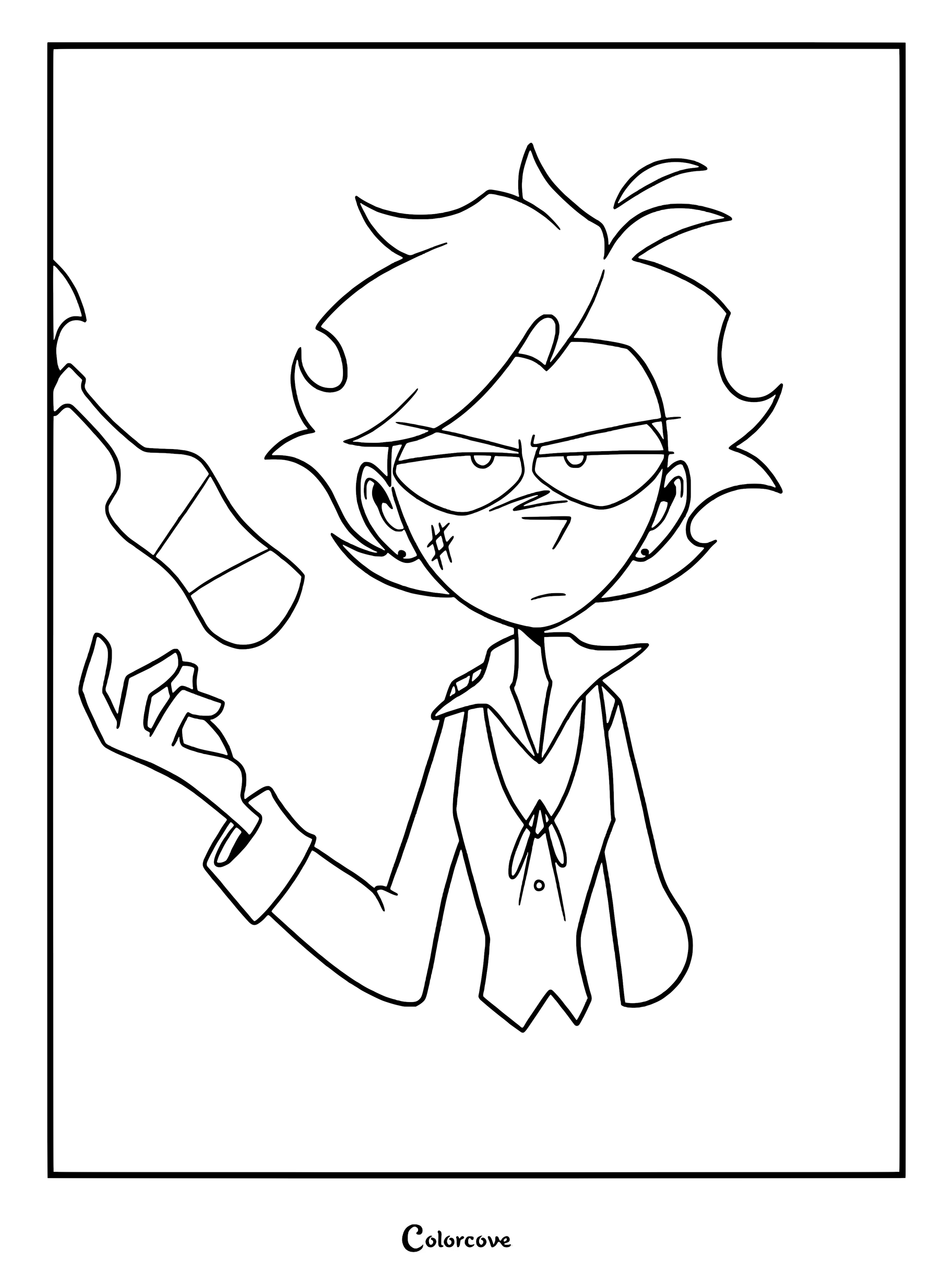 A medium difficulty coloring page of Stone from Ramshackle holding a bottle with a stern expression.