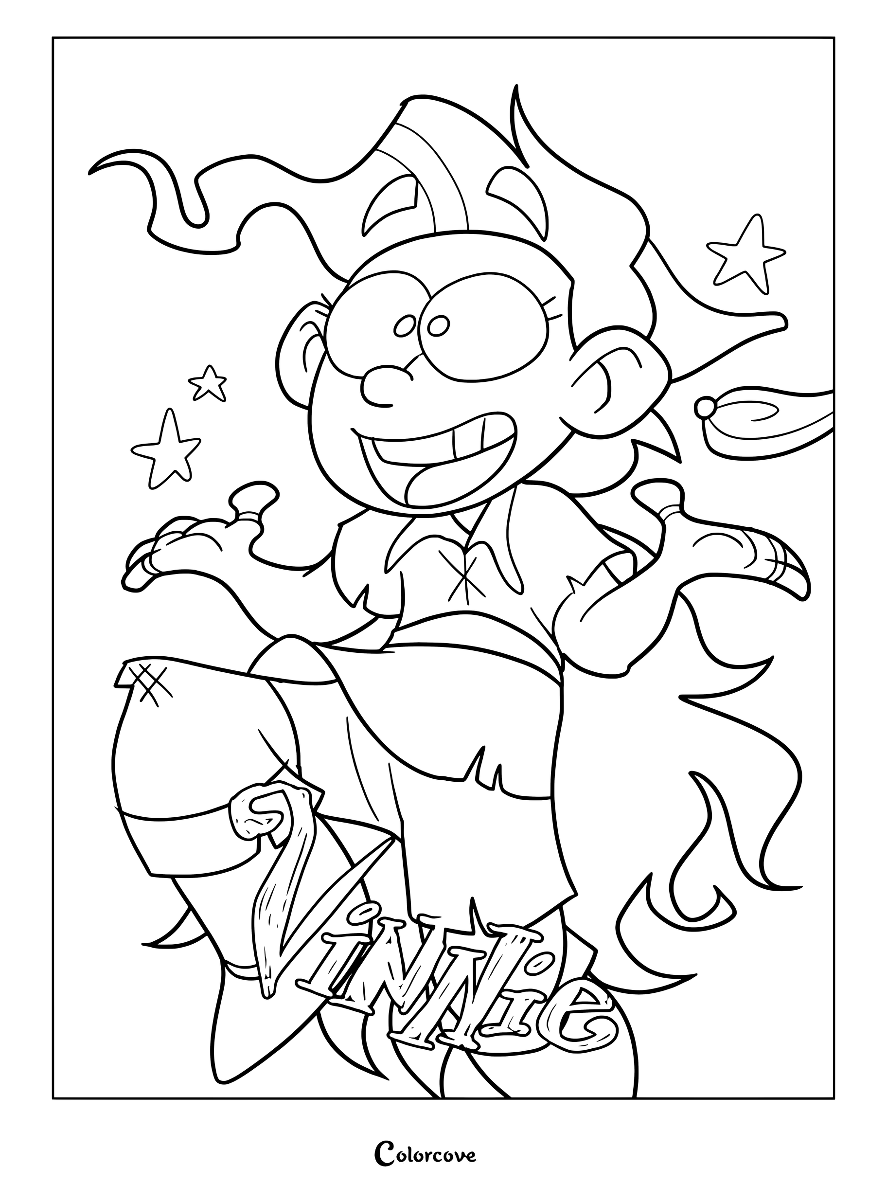 Vinnie from Ramshackle smiling with flowing hair and stars in a medium difficulty line art coloring page.