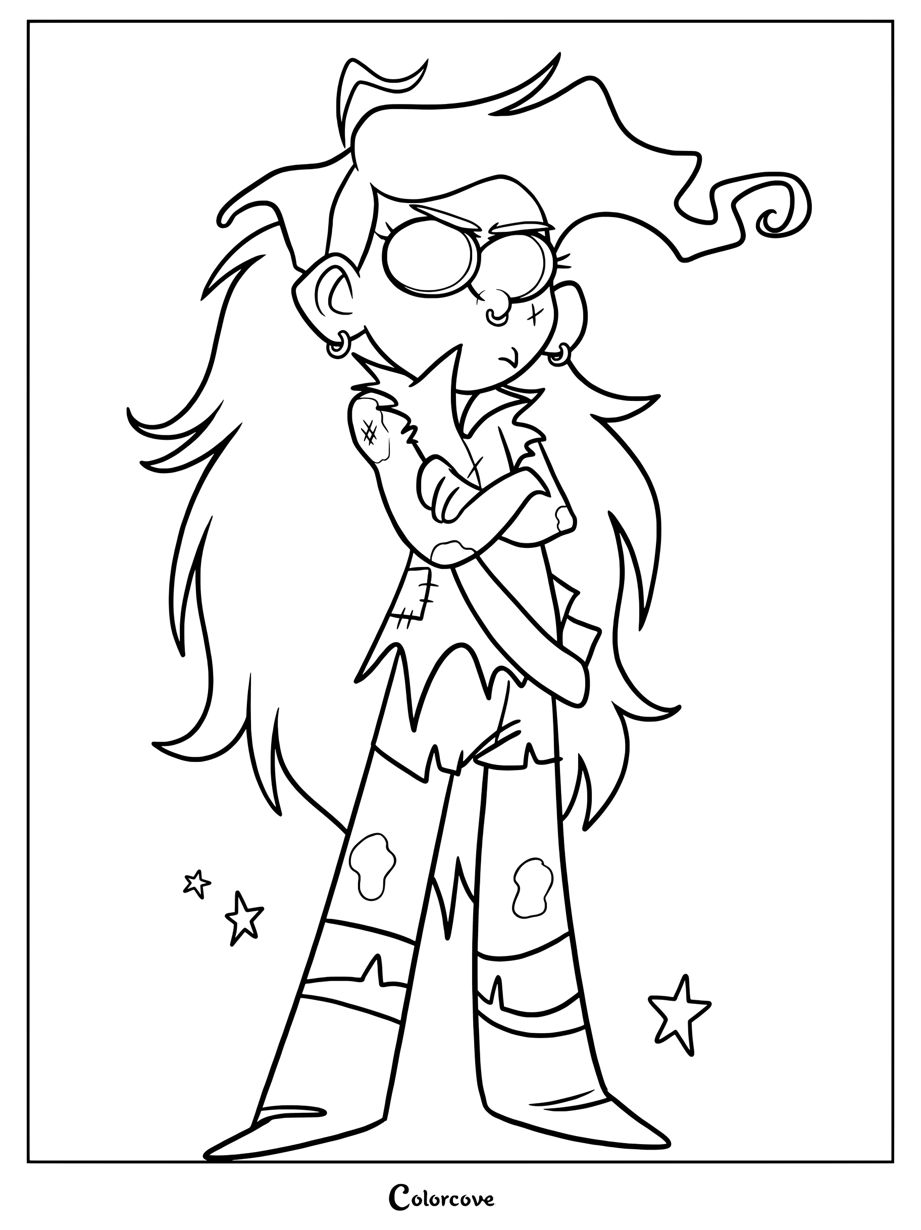 Vinnie from Ramshackle with messy hair and patched clothing in a medium difficulty coloring page.