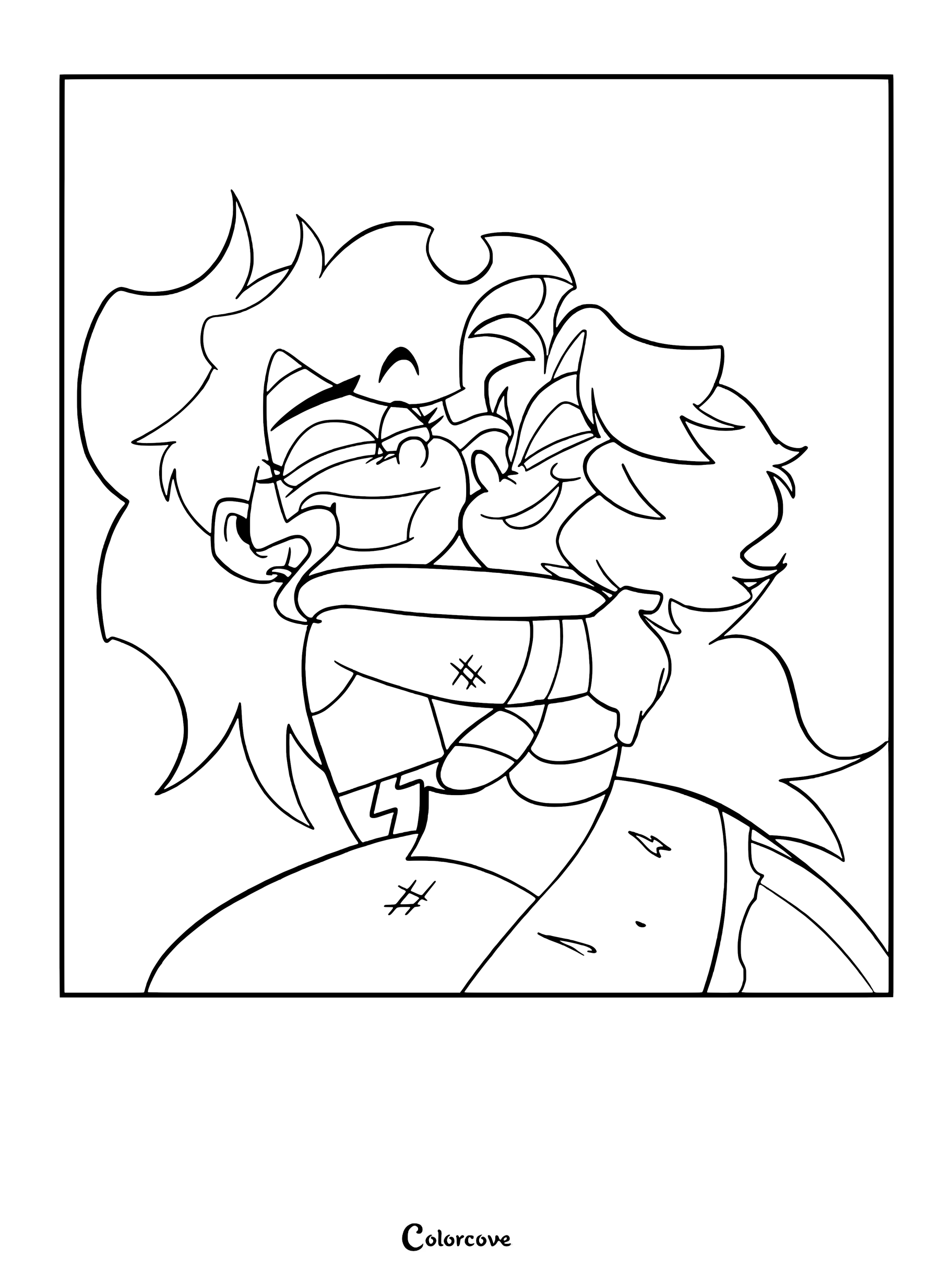 A simple coloring page featuring Vinnie and Skipp sharing a warm, happy hug with expressive faces.