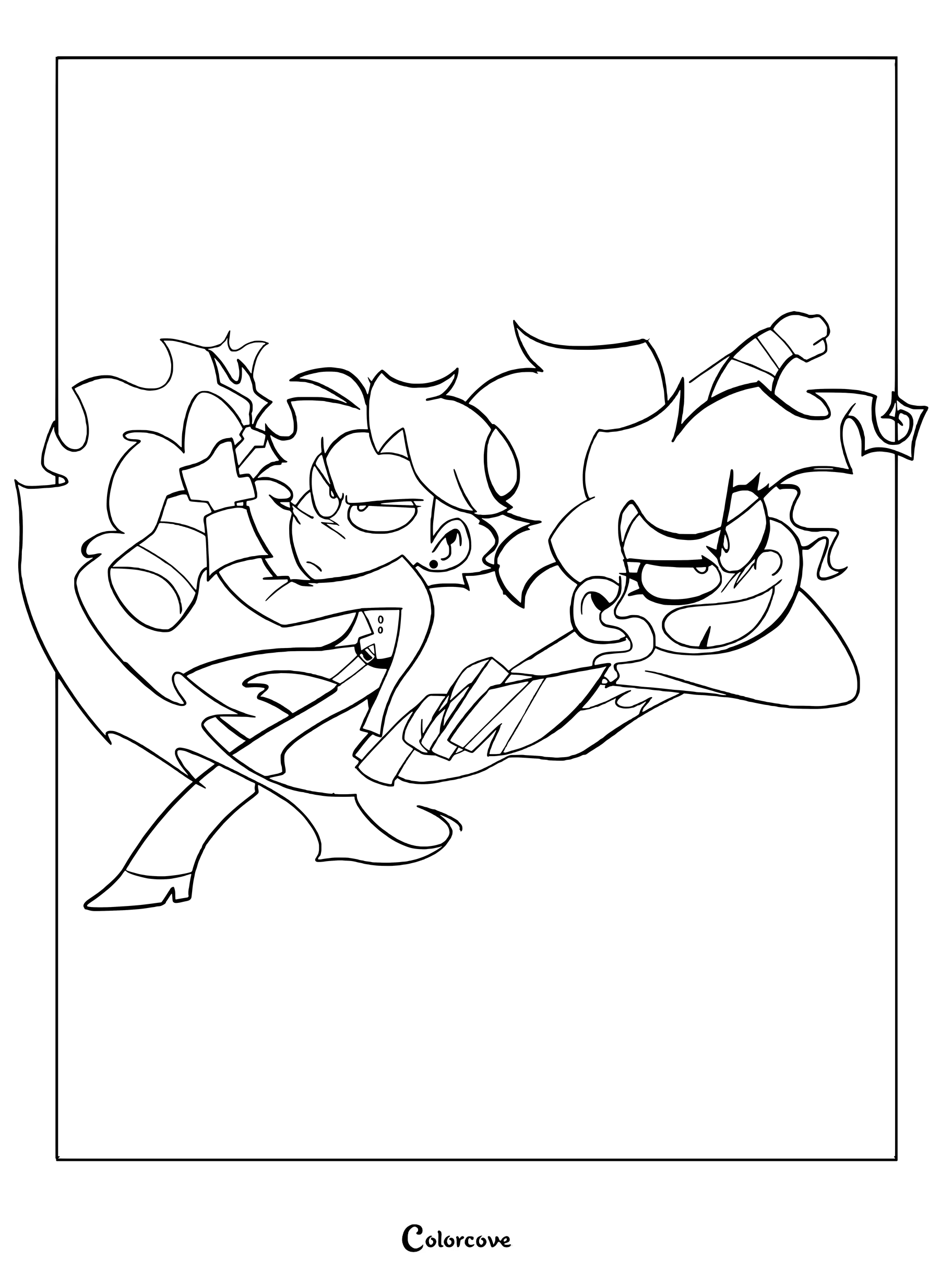 Detailed coloring page of Vinnie and Stone from Ramshackle in a dynamic, action-packed fighting pose.