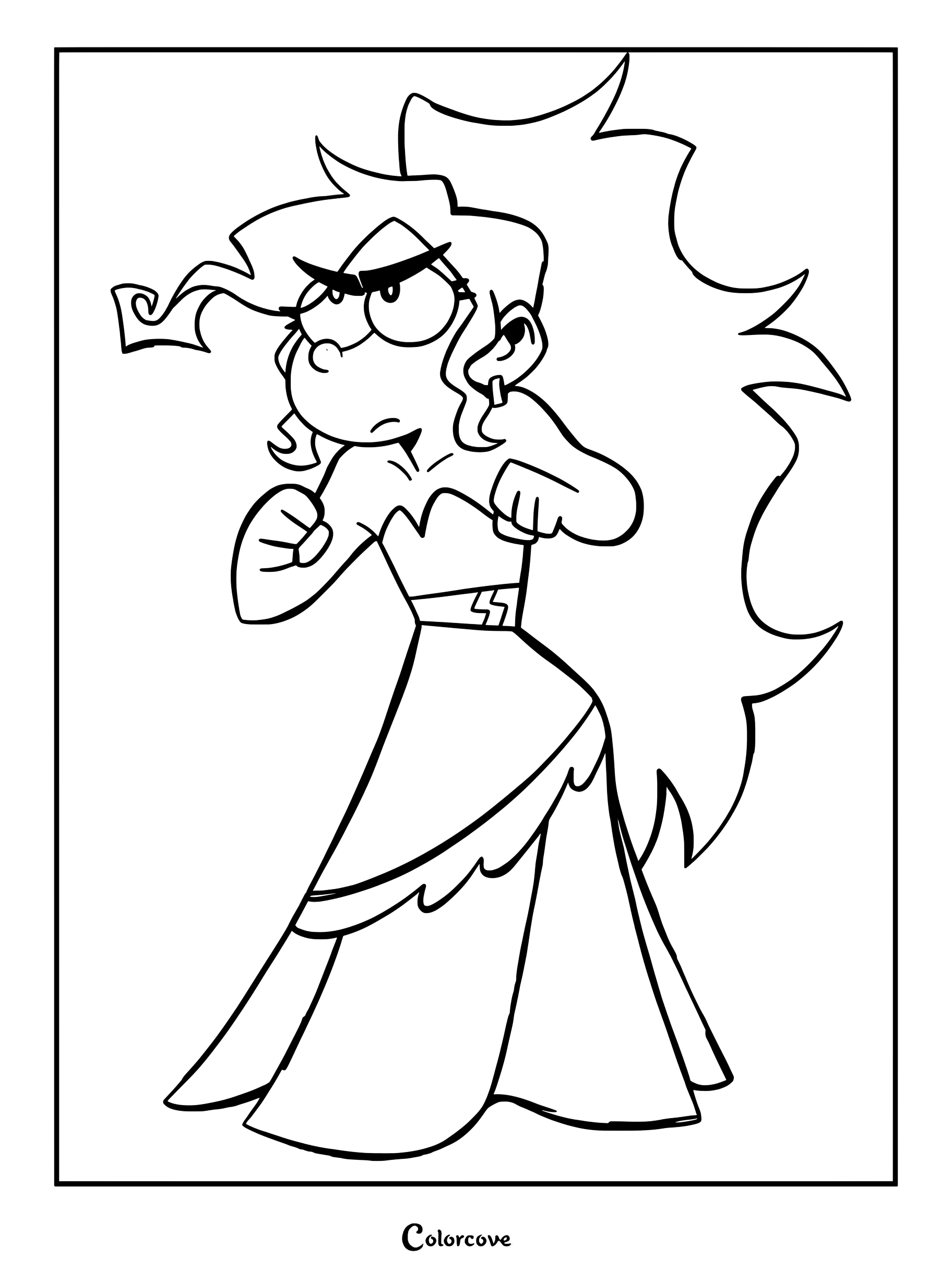 Vinnie from Ramshackle wearing a formal dress in a fighting stance, medium difficulty line art coloring page.