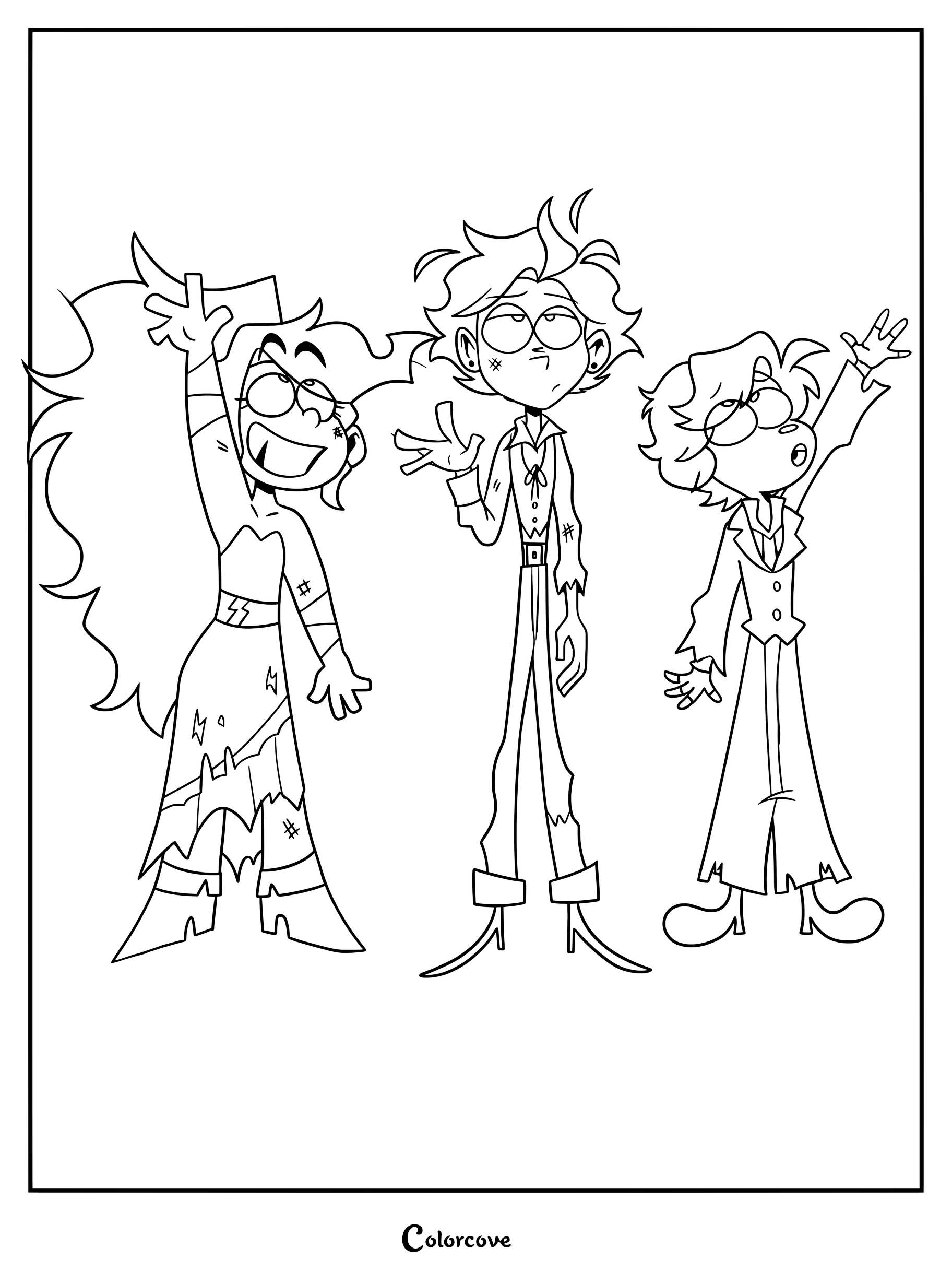 Detailed coloring page featuring Vinnie, Skipp and Stone standing together in their signature Ramshackle outfits.