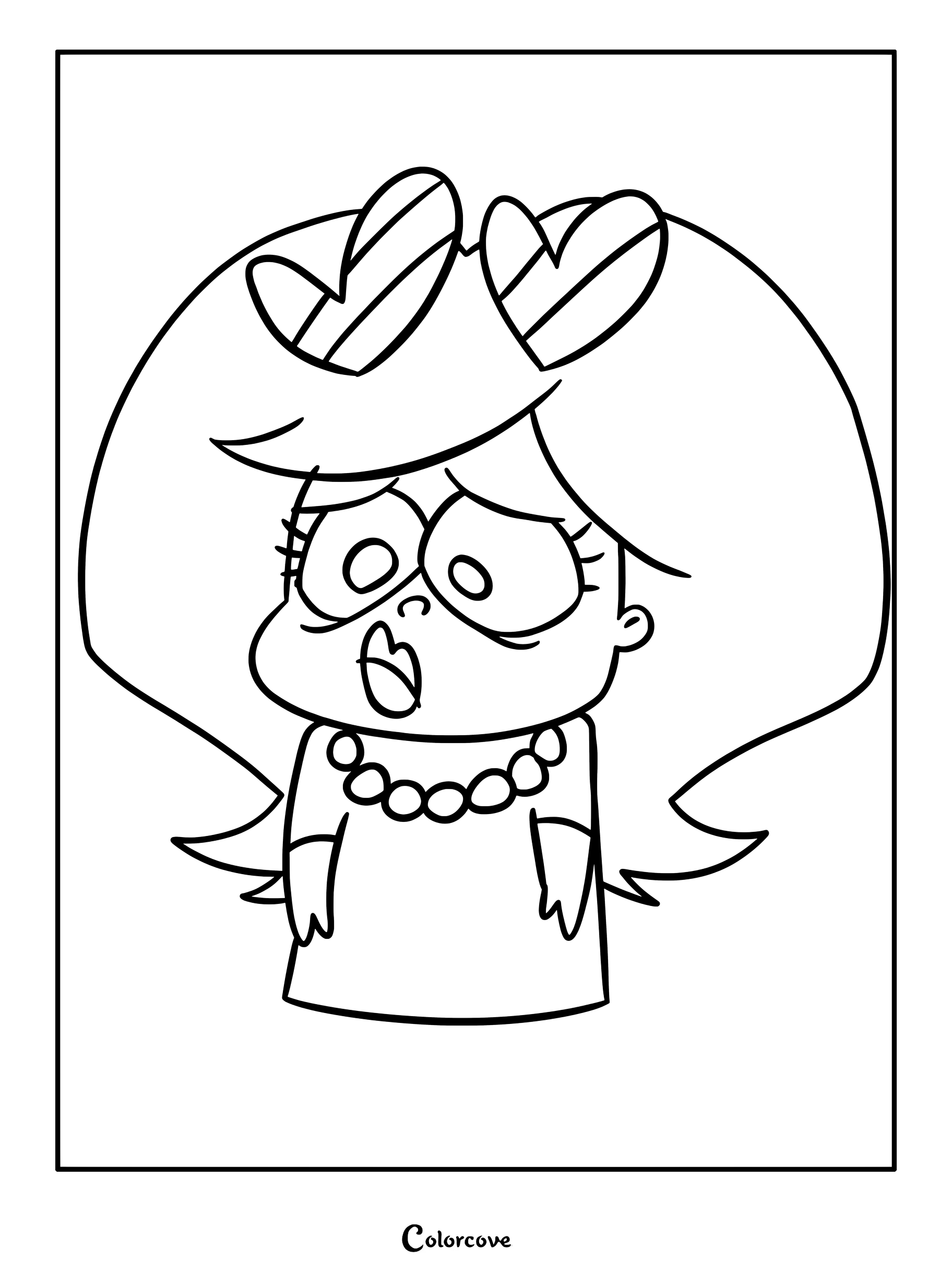 Simple coloring page of Baylee from Ramshackle with heart-shaped hair accessories and a pearl necklace.