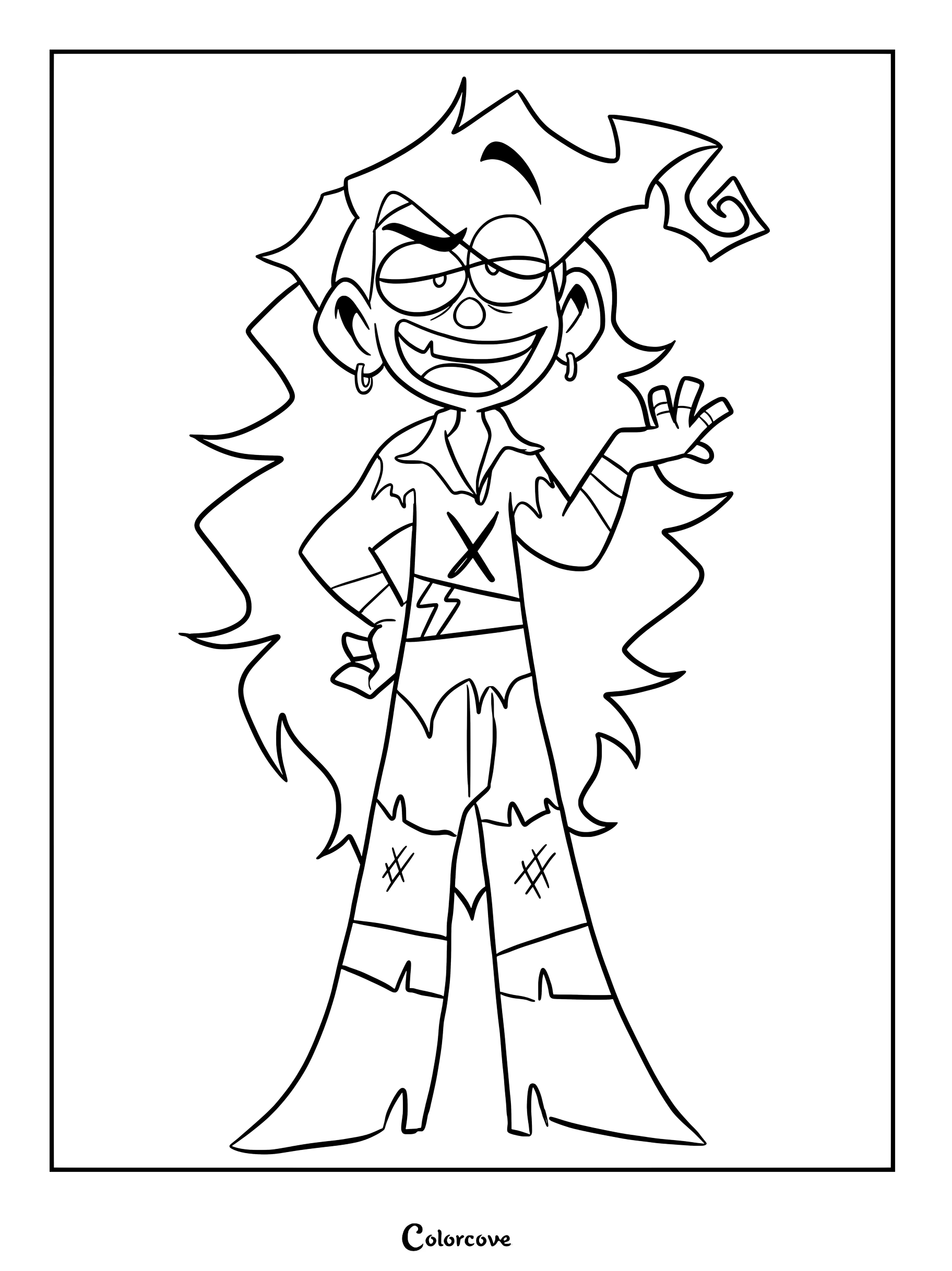 Medium difficulty coloring page of Vinnie from Ramshackle with wild hair and a confident pose.