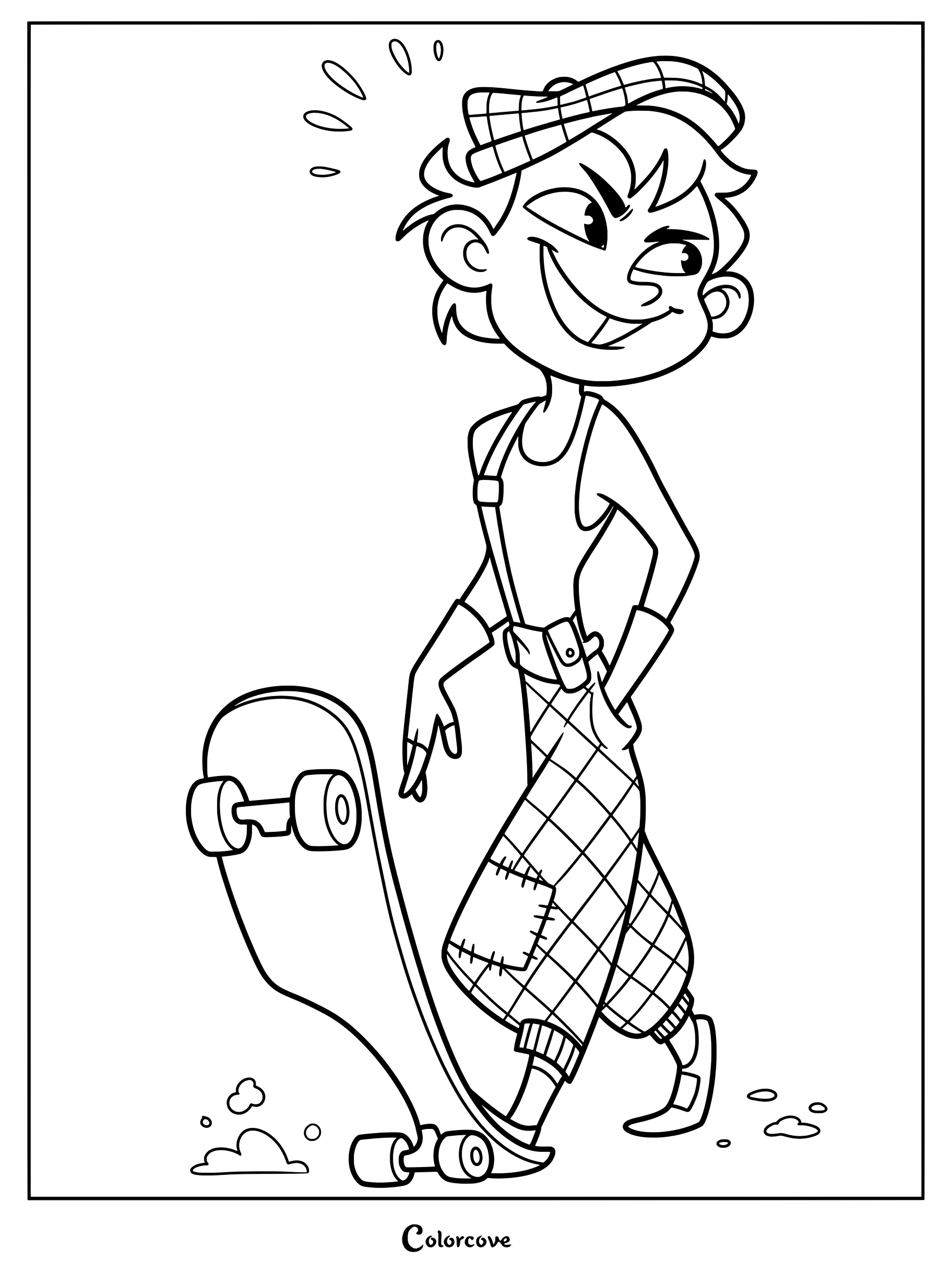 Cen from Ramshackle wearing a plaid cap and pants with a skateboard in this simple coloring page.