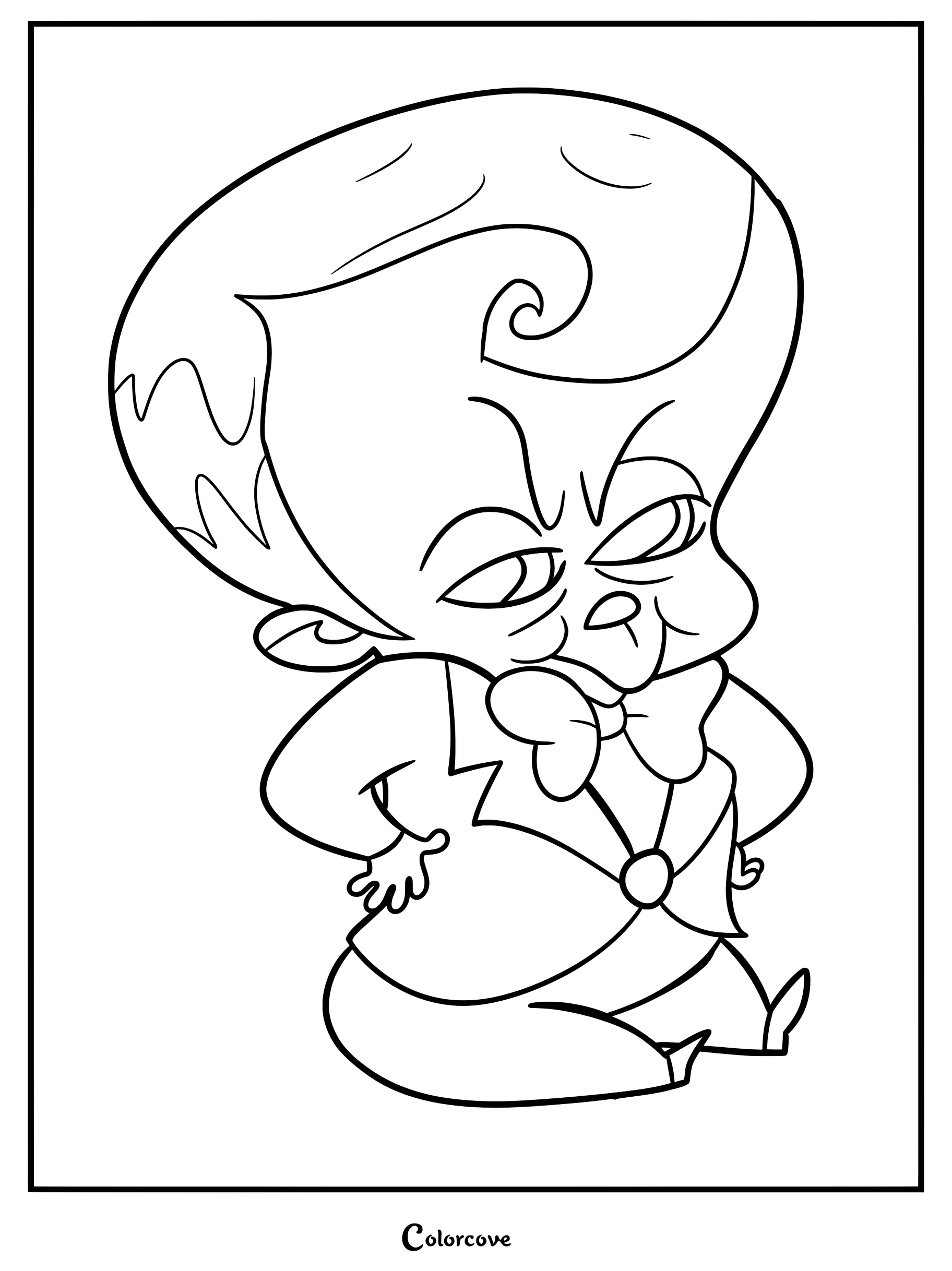 Simple coloring page of a boss baby character with a large head, wearing a suit and bowtie, standing with hands on hips.