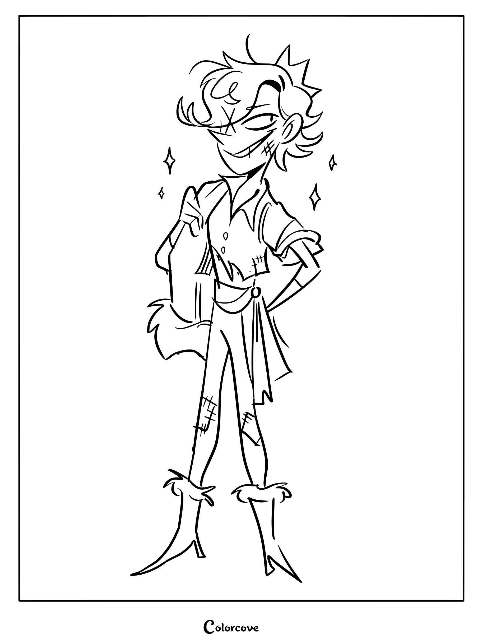 A medium difficulty coloring page of Ivan Franzwick standing confidently with a smirk and sparkling accents.