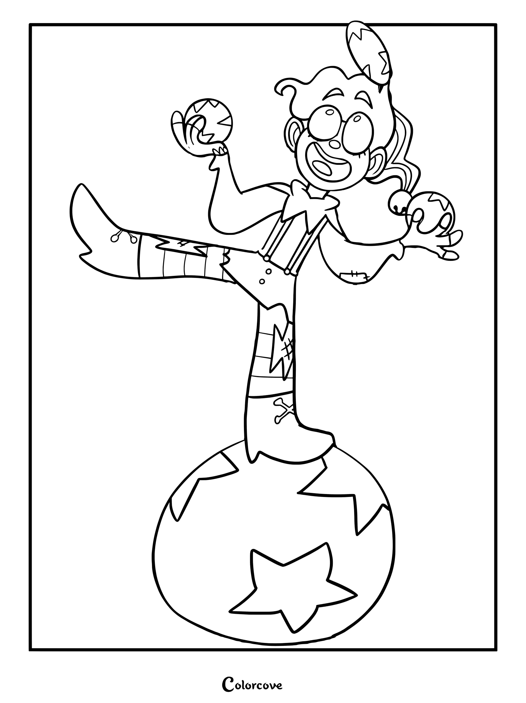 Medium difficulty coloring page of Nemo from Ramshackle balancing on a star-patterned ball while juggling.