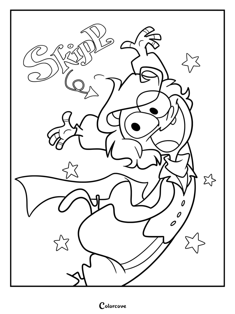 Skipp de Ramshackle en una pose dinámica con estrellas, una página para colorear simple que presenta el nombre del personaje.